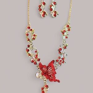 Butterfly DropRed & Silver Rhinestone Necklace Earring Set